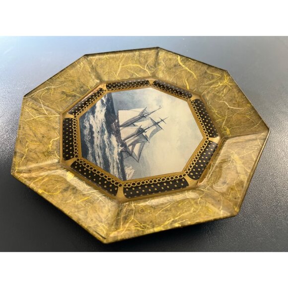 Durwin Rice Vtg Octagonal Glass Decoupage Signed Art Glass Plate Sailing Ship - Picture 7 of 8